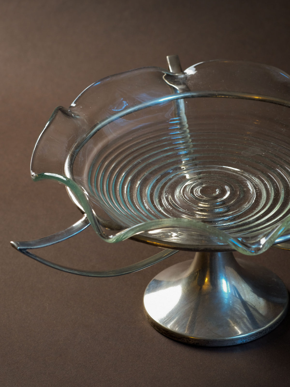 Alternate view emphasising the floating-bowl effect of the Art Deco glass and silver-plated tazza.