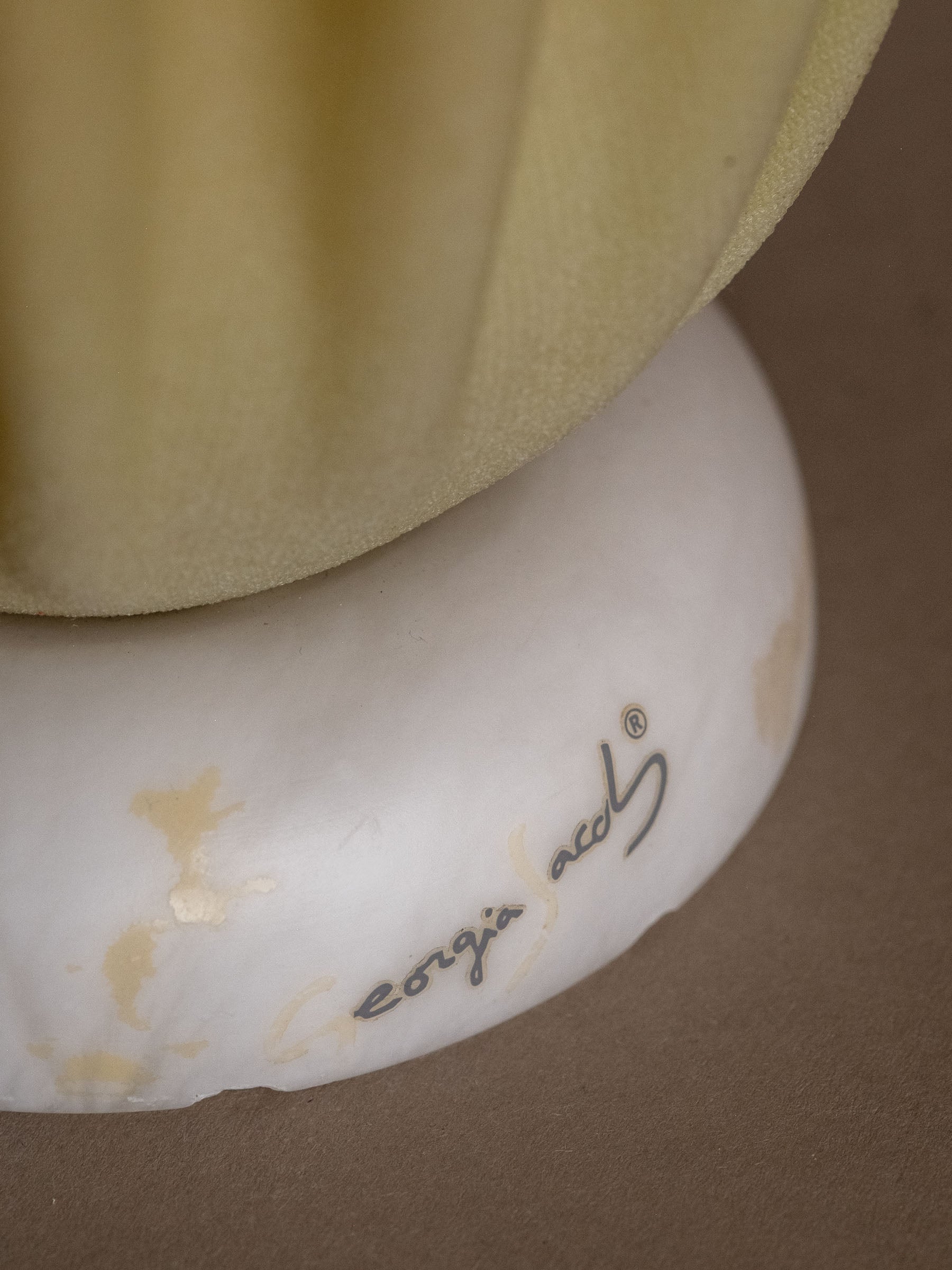 Detail of marble base with Georgia Jacob signature on Athena table lamp, 1970s France