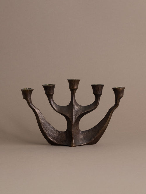 Brutalist bronze five-arm candleholder by Horst Dalbeck, Germany, 1960s–70s, shown front-on with a dark textured patina and branching sculptural form.