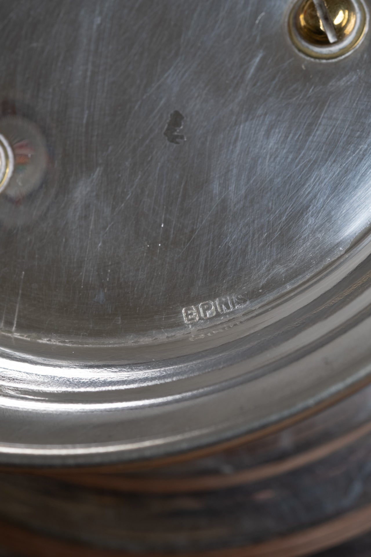 Stamped “EPNS” mark on the underside of the Art Deco silver pedestal tazza bowl.