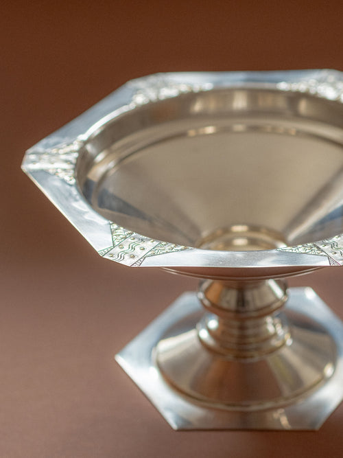 Top view of the Art Deco silver-plated pedestal bowl showing the shallow bowl, turned stem, and hexagonal foot.