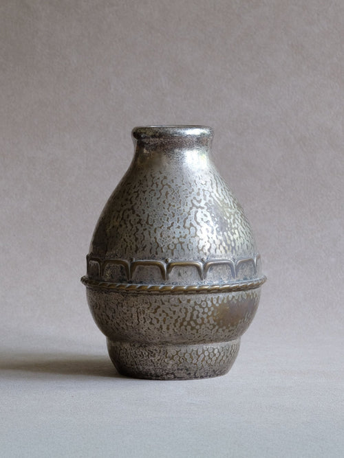 Art Deco HAGS silver-plated vase, Denmark, c. 1920s–30s, with hammered pear-shaped body, raised decorative band and mottled wear.