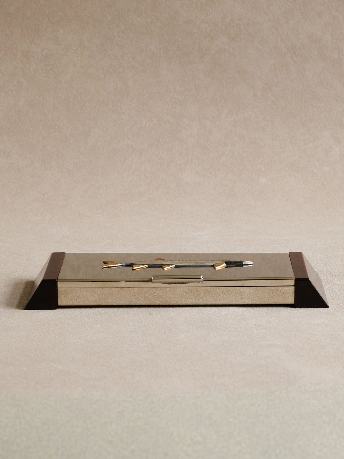 Angled view of low rectangular Japanese fish tray showing dark wooden ends.