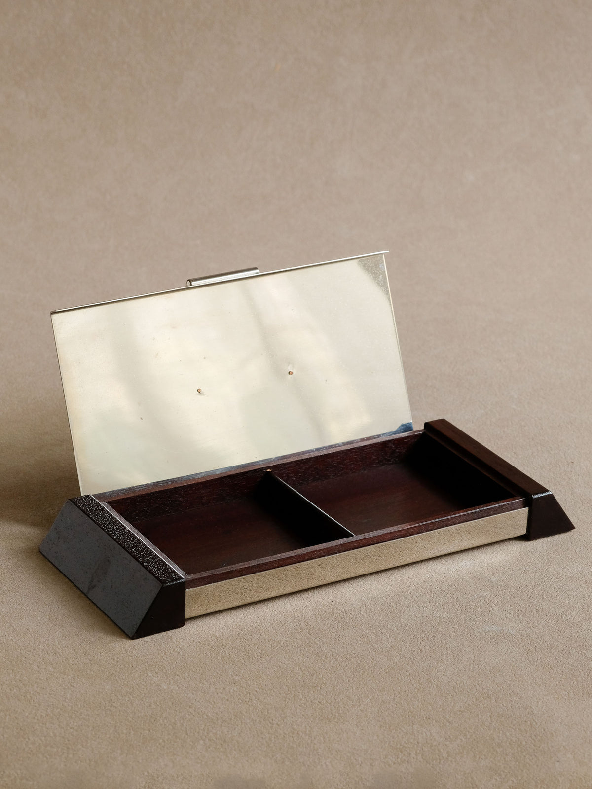 Base and joinery detail of the Japanese vintage wooden and metal tray.