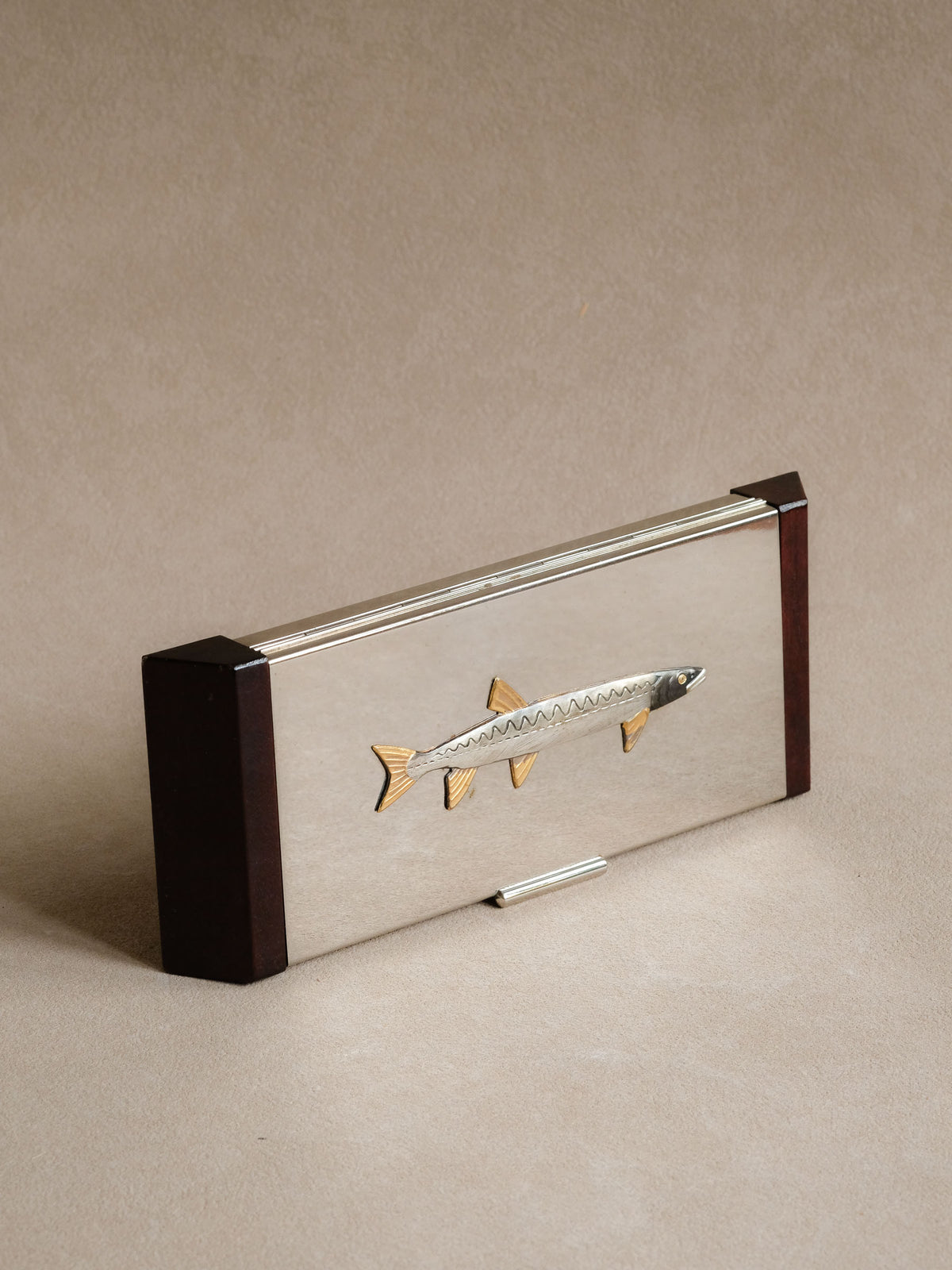 Reverse view of the Japanese fish-motif wood and metal tray.