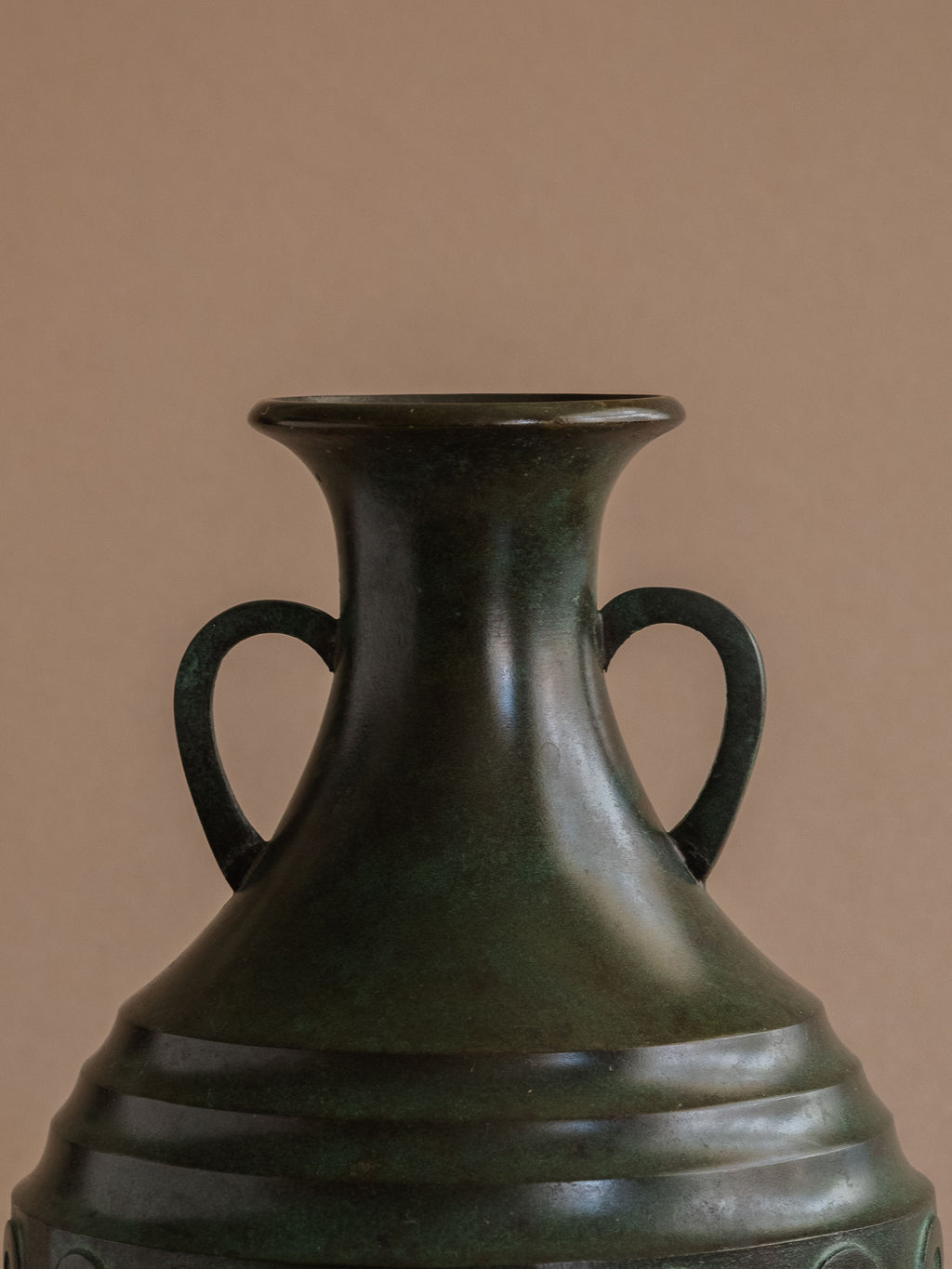 Detail of flared rim and twin handles on Murata Yoshio bronze vase, Showa 1960s, Japan.