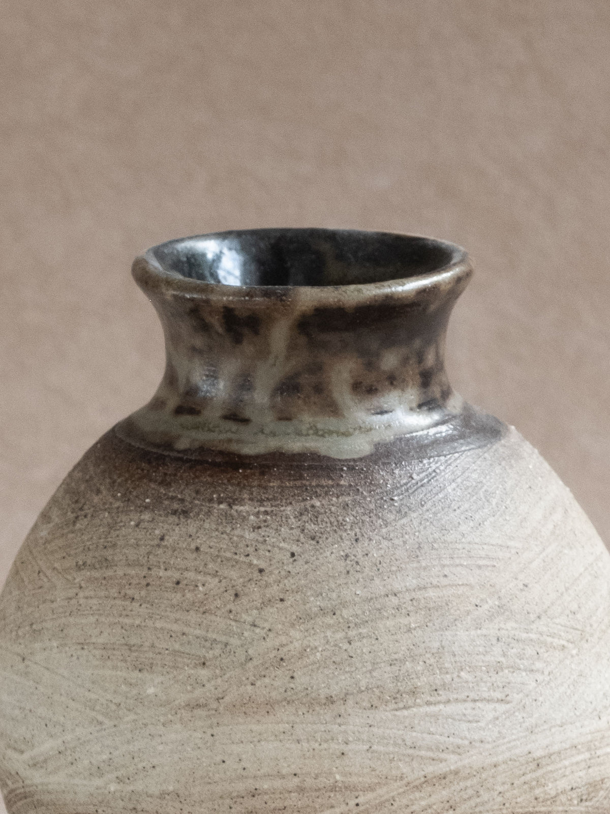 Close detail of the textured ceramic surface and irregular transition into the dark glazed neck.